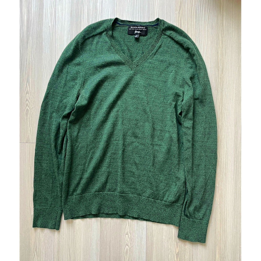 Banana Republic Men's Green Merino Wool Knit V-Neck Pullover Sweater Sz S Preppy